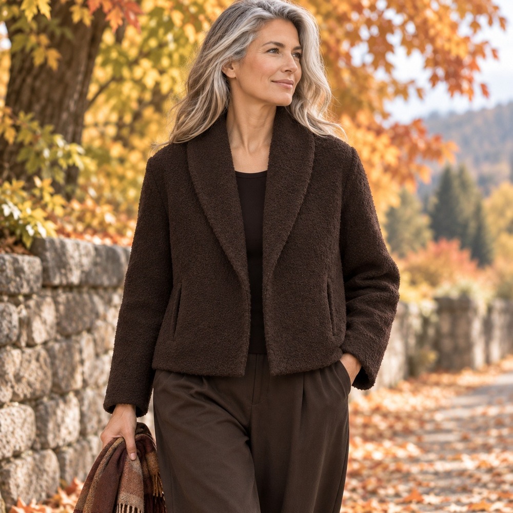 Eileen Fisher Boiled Wool Jacket Brown Shawl Collar Textured Minimalist Women L